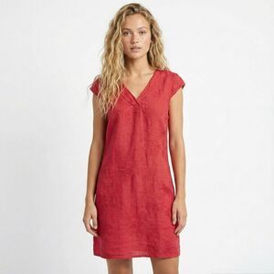 Linea Tomei Italy Linen Embroidered Shift Dress Large Pink Red V-Neck Cap Sleeve